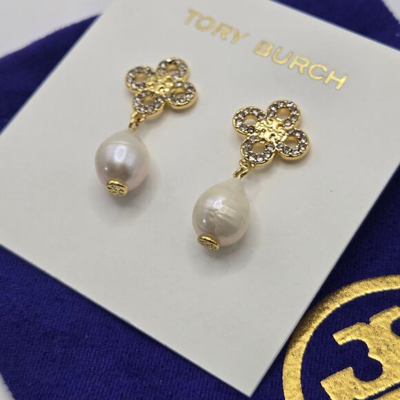 NEW Tory Burch Kira Clover Pearl Drop Earrings Gold Crystal Pave Dangling Gift - Picture 4 of 6
